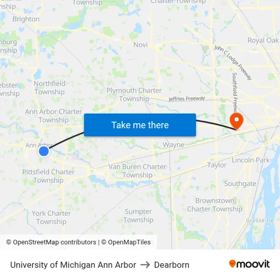 University of Michigan Ann Arbor to Dearborn map