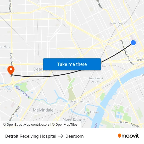 Detroit Receiving Hospital to Dearborn map