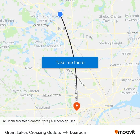 Great Lakes Crossing Outlets to Dearborn map