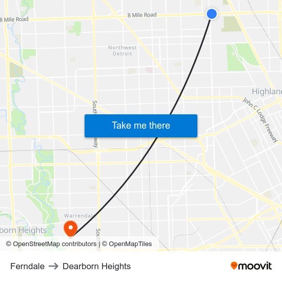 Ferndale to Dearborn Heights map