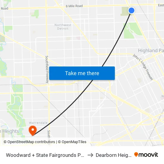 Woodward + State Fairgrounds Pickup to Dearborn Heights map