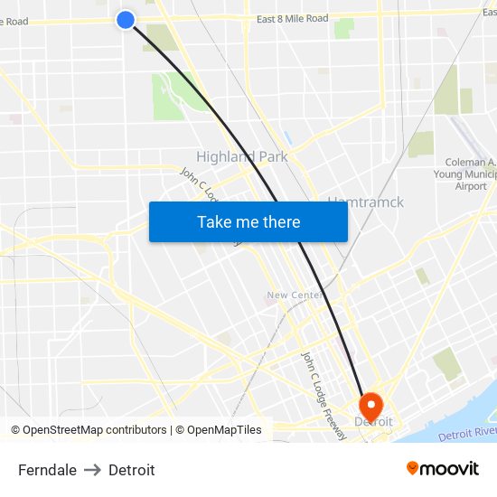 Ferndale to Detroit map