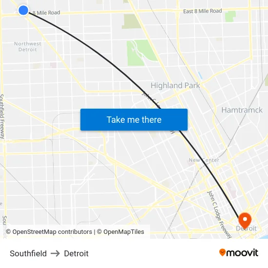 Southfield to Detroit map