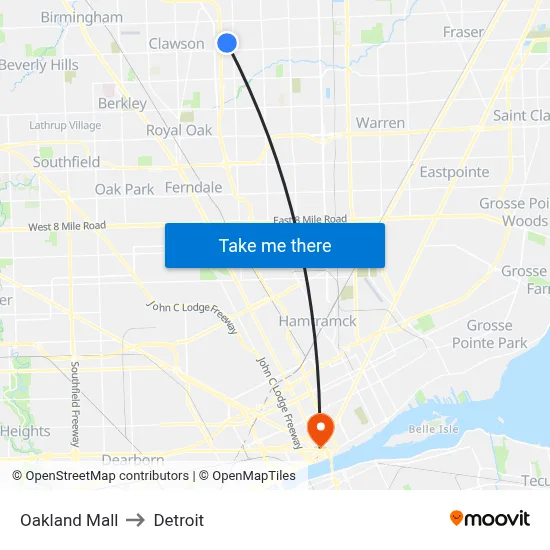 Oakland Mall to Detroit map