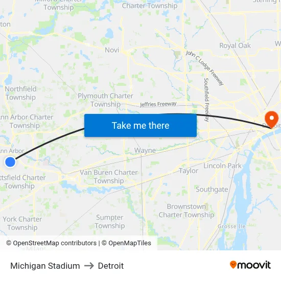 Michigan Stadium to Detroit map