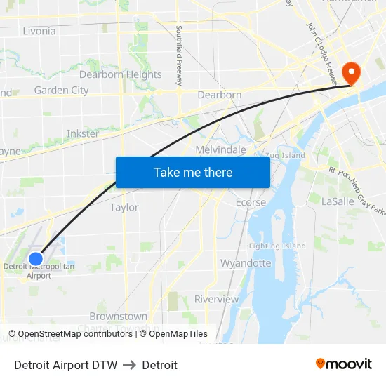 Detroit Airport DTW to Detroit map