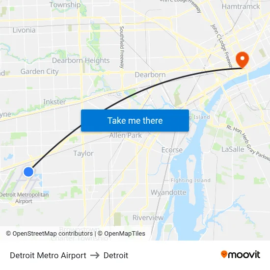 Detroit Metro Airport to Detroit map
