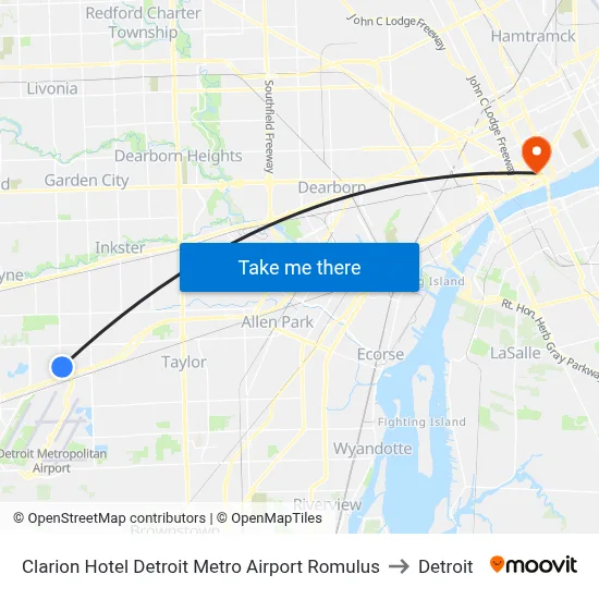 Clarion Hotel Detroit Metro Airport Romulus to Detroit map