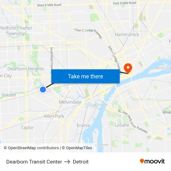 Dearborn Transit Center to Detroit map