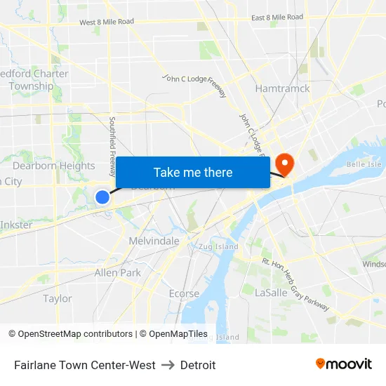 Fairlane Town Center-West to Detroit map