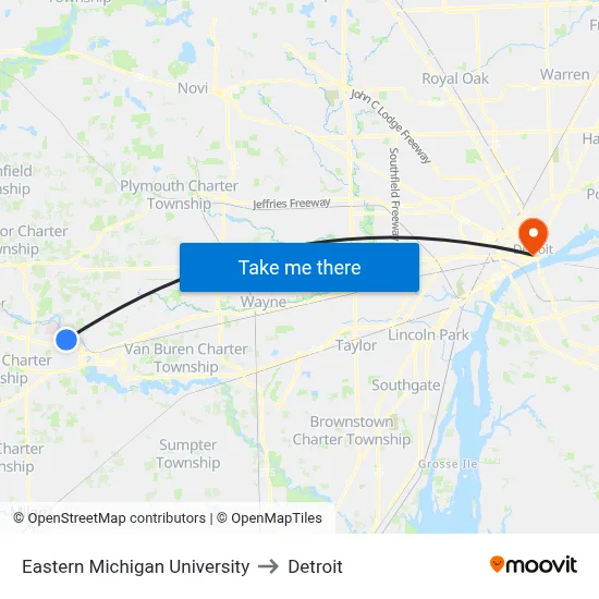 Eastern Michigan University to Detroit map