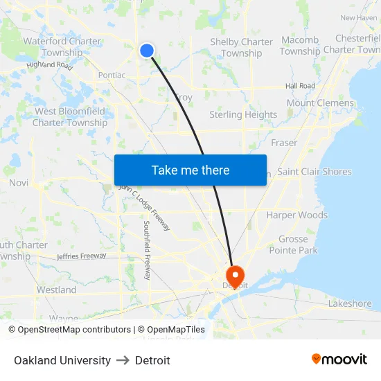 Oakland University to Detroit map