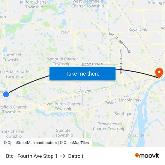 Btc - Fourth  Ave Stop 1 to Detroit map