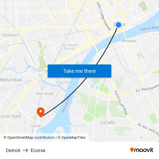 Detroit to Ecorse map