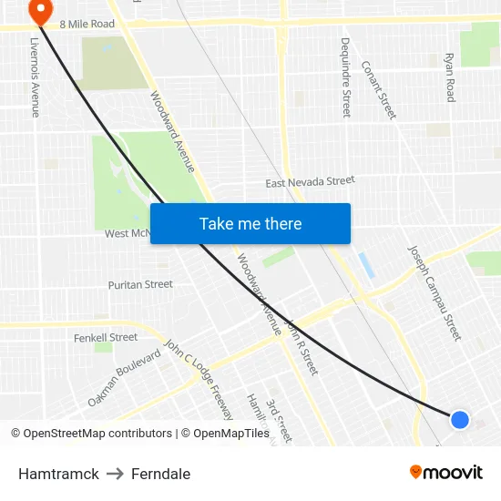 Hamtramck to Ferndale map