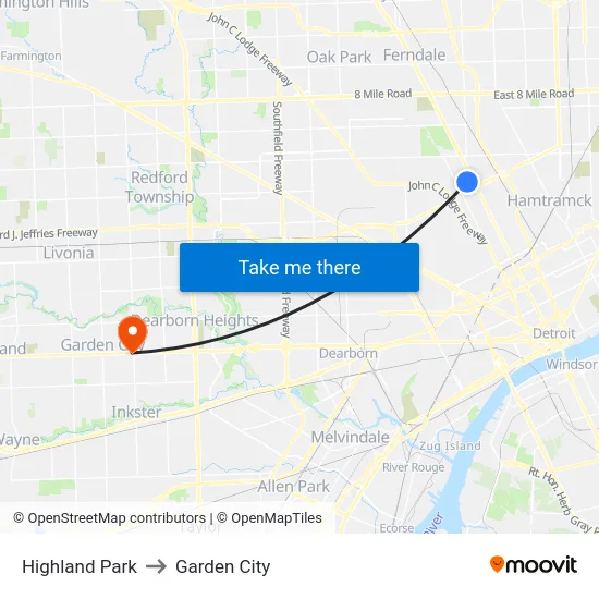 Highland Park to Garden City map