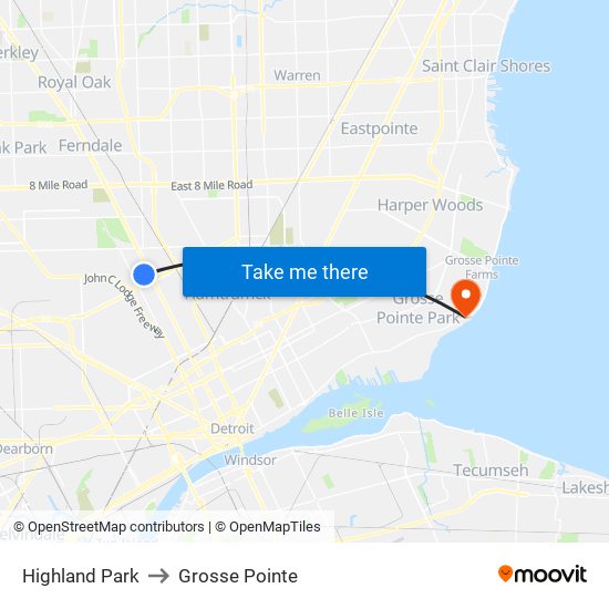 Highland Park to Grosse Pointe map