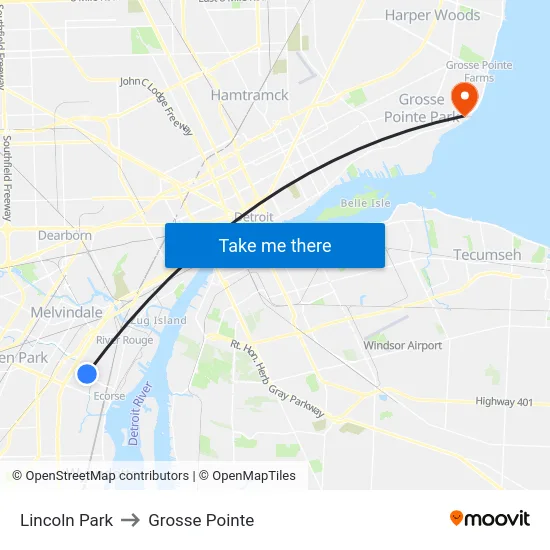Lincoln Park to Grosse Pointe map