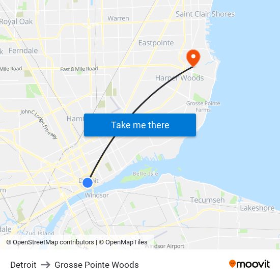 Detroit to Grosse Pointe Woods map