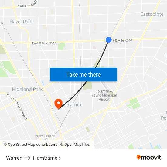 Warren to Hamtramck map