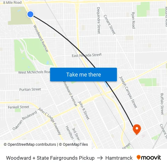 Woodward + State Fairgrounds Pickup to Hamtramck map