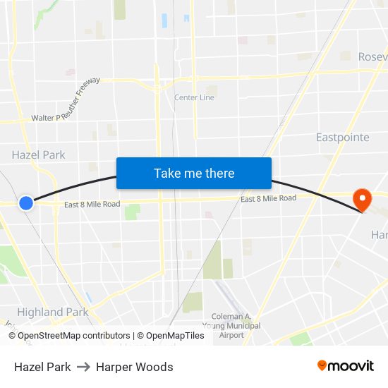 Hazel Park to Harper Woods map