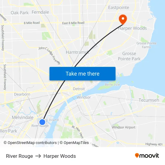 River Rouge to Harper Woods map