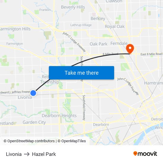 Livonia to Hazel Park map