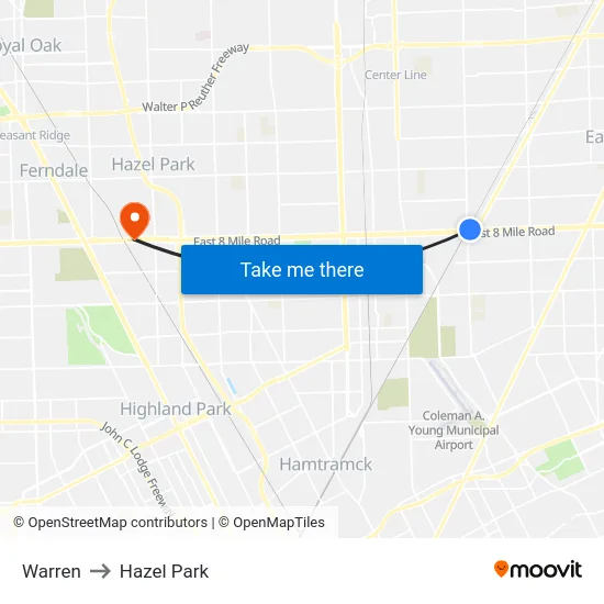 Warren to Hazel Park map