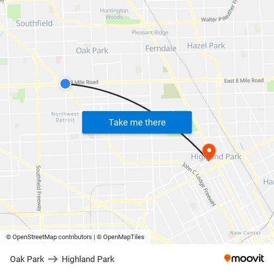 Oak Park to Highland Park map