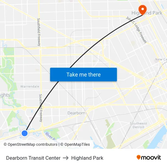 Dearborn Transit Center to Highland Park map
