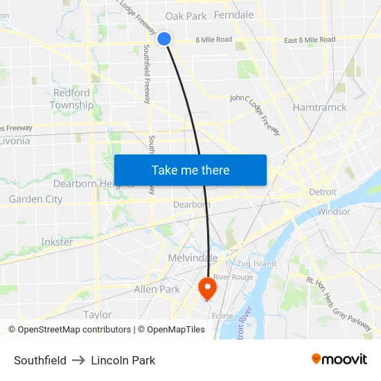 Southfield to Lincoln Park map