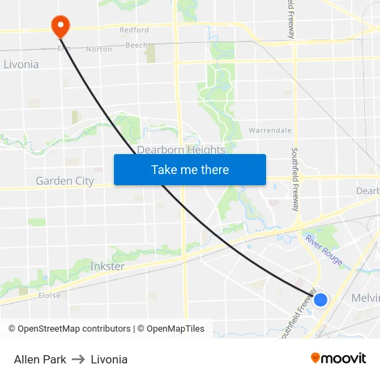 Allen Park to Livonia map