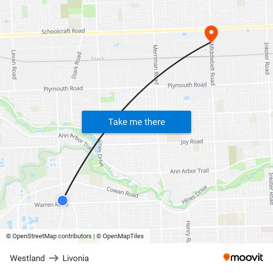 Westland to Livonia map