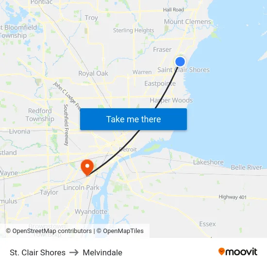 St. Clair Shores to Melvindale map