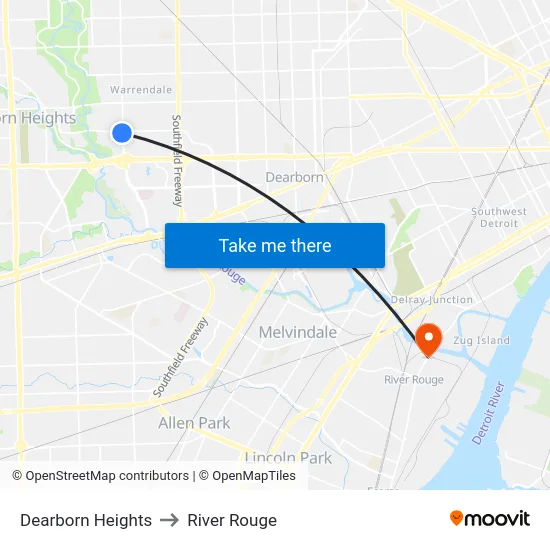Dearborn Heights to River Rouge map