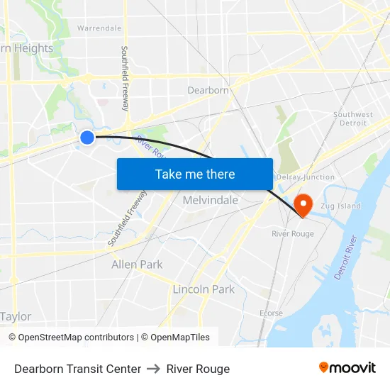 Dearborn Transit Center to River Rouge map