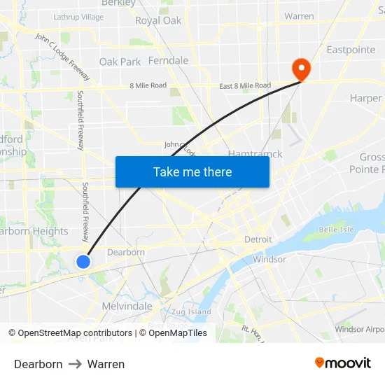 Dearborn to Warren map