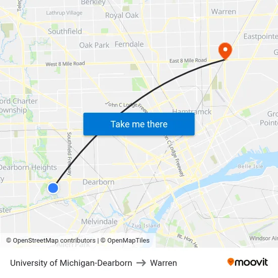 University of Michigan-Dearborn to Warren map