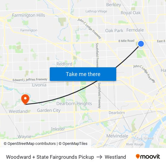 Woodward + State Fairgrounds Pickup to Westland map