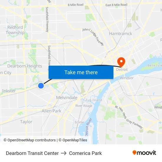 Dearborn Transit Center to Comerica Park map