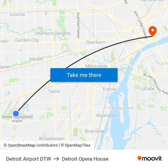 Detroit Airport DTW to Detroit Opera House map
