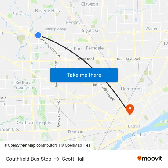 Southfield Bus Stop to Scott Hall map
