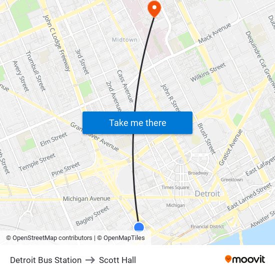 Detroit Bus Station to Scott Hall map