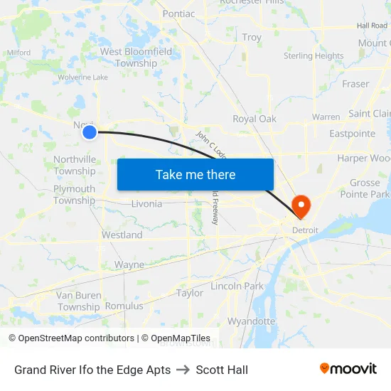 Grand River @ the Edge Apartments to Scott Hall map