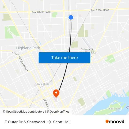 E Outer Dr & Sherwood to Scott Hall map