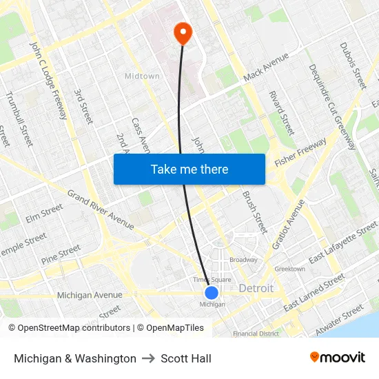 Michigan & Washington to Scott Hall map