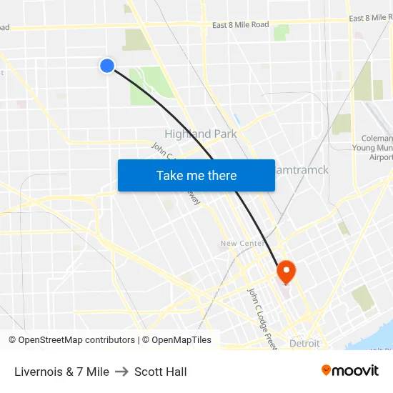 Livernois & 7 Mile to Scott Hall map