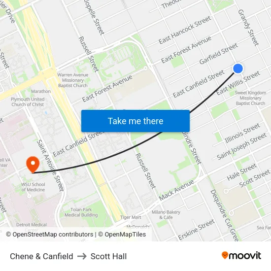 Chene & Canfield to Scott Hall map