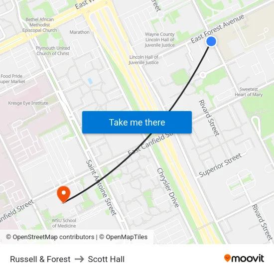 Russell & Forest to Scott Hall map